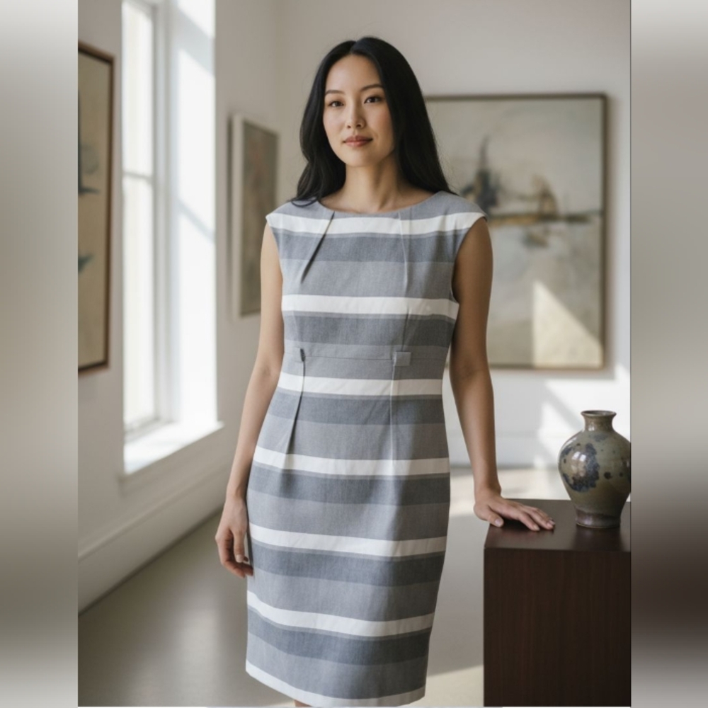Ellen Tracy Gray and White Striped Dress Size 10